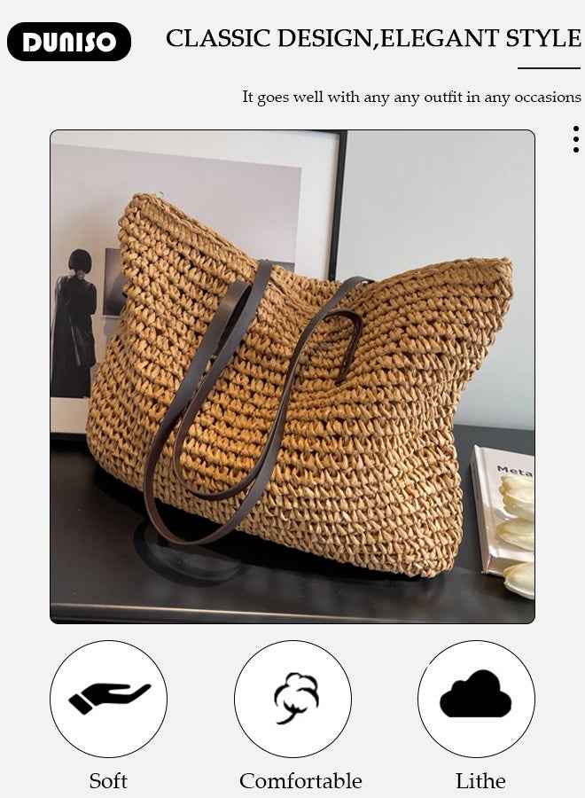 DUNISO Women's Shoulder Tote Bag Straw Design Handbag For Women Large Capacity Bucket Bag Woven Straw Bag Summer Beach Tote Purse Fashionable Travel Messenger Shoulder Bag for Ladies Girls College Students - Image 5