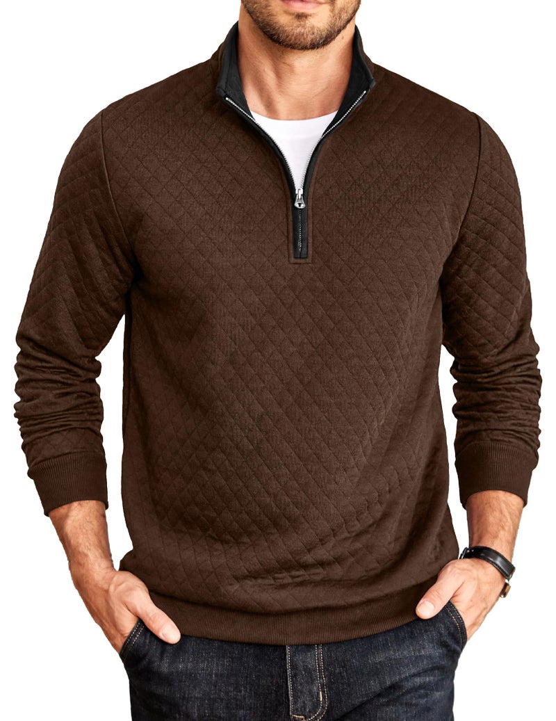 COOFANDY Mens Quarter Zip Pullover Mock Neck Quilted Sweatshirt Casual Long Sleeve Polo Sweater (Coffee, Large) - Image 1