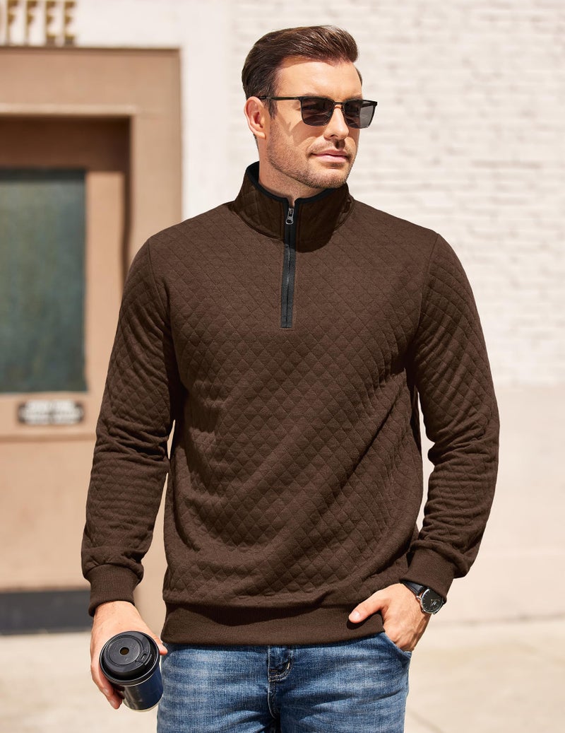 COOFANDY Mens Quarter Zip Pullover Mock Neck Quilted Sweatshirt Casual Long Sleeve Polo Sweater (Coffee, Large) - Image 2