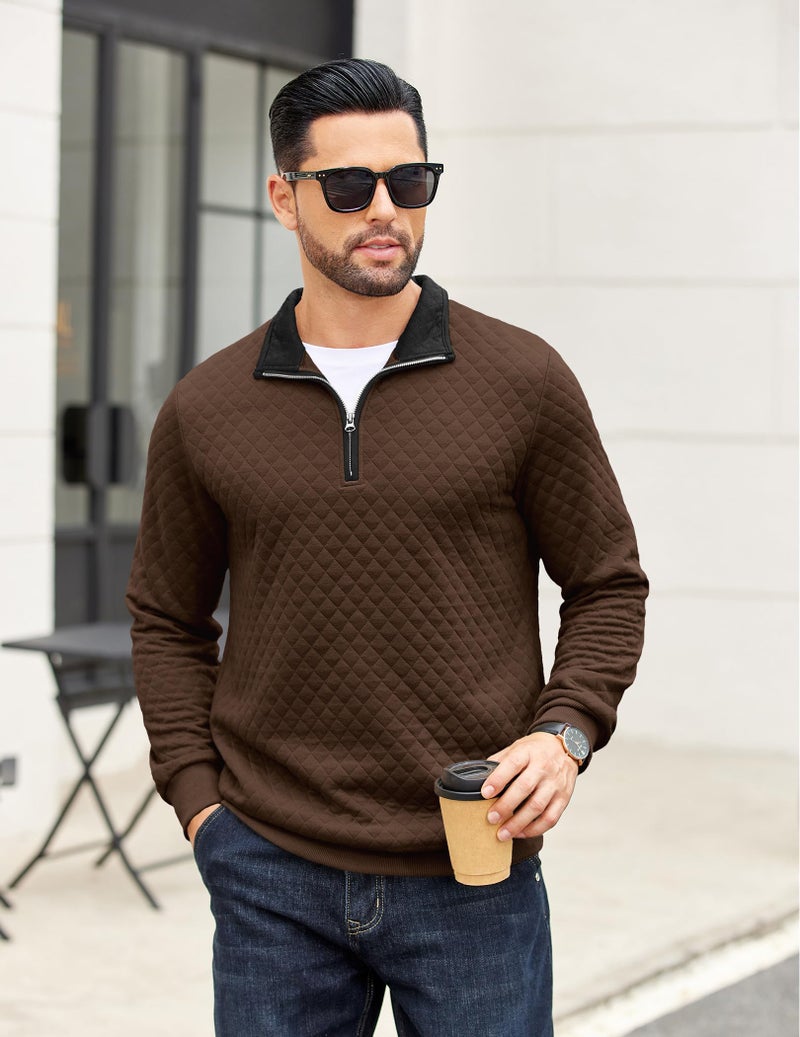 COOFANDY Mens Quarter Zip Pullover Mock Neck Quilted Sweatshirt Casual Long Sleeve Polo Sweater (Coffee, Large) - Image 3