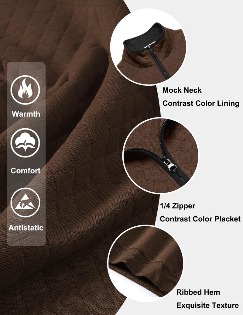 COOFANDY Mens Quarter Zip Pullover Mock Neck Quilted Sweatshirt Casual Long Sleeve Polo Sweater (Coffee, Large) - Image 5