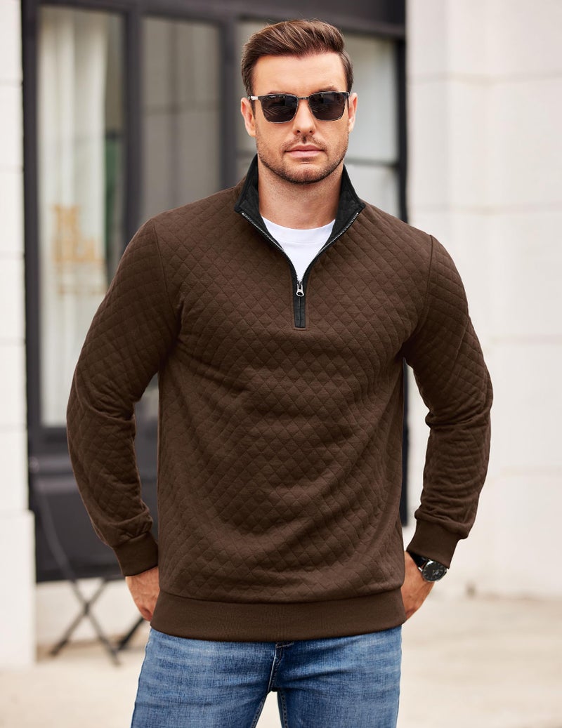 COOFANDY Mens Quarter Zip Pullover Mock Neck Quilted Sweatshirt Casual Long Sleeve Polo Sweater (Coffee, Large) - Image 4