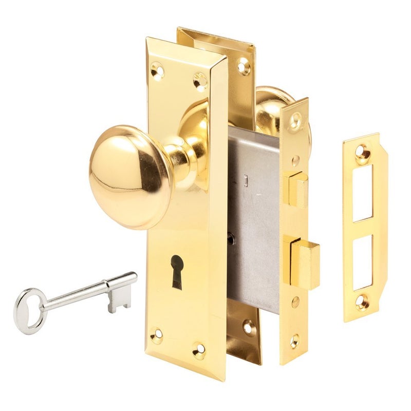 PrimeLine E 2293 Mortise Keyed Lock Set with Polished Brass Knob Perfect for Replacing Broken Antique Lock Sets and More Fits 138 In134 In Interior Doors Polished Brass Single Pack