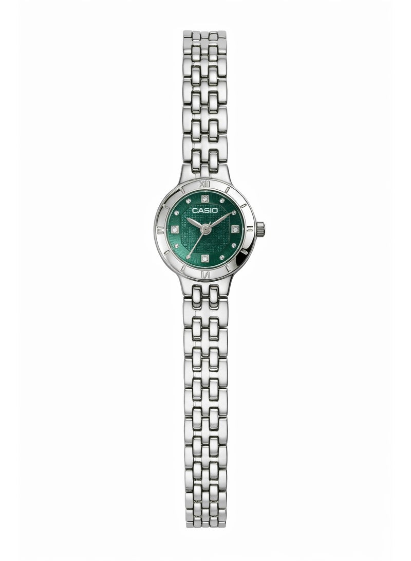 Casio Elegant Silver-Tone Women’s Watch with Deep Green Dial