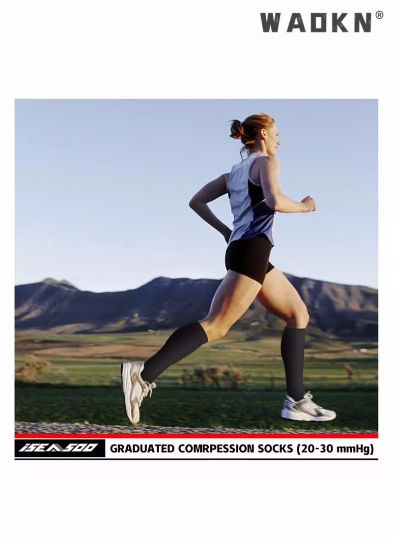 دبليو أيه أو كي أن جوارب ضغط، 4 أزواج للنساء والرجال، 20-30 ملم زئبقي هي الأفضل للرياضة والسفر والجري واللياقة البدنية وتقليل آلام الساق والتعافي بشكل أسرع (4 ألوان) L/XL، جوارب كرة قدم طويلة وجوارب قبضة - Image 4