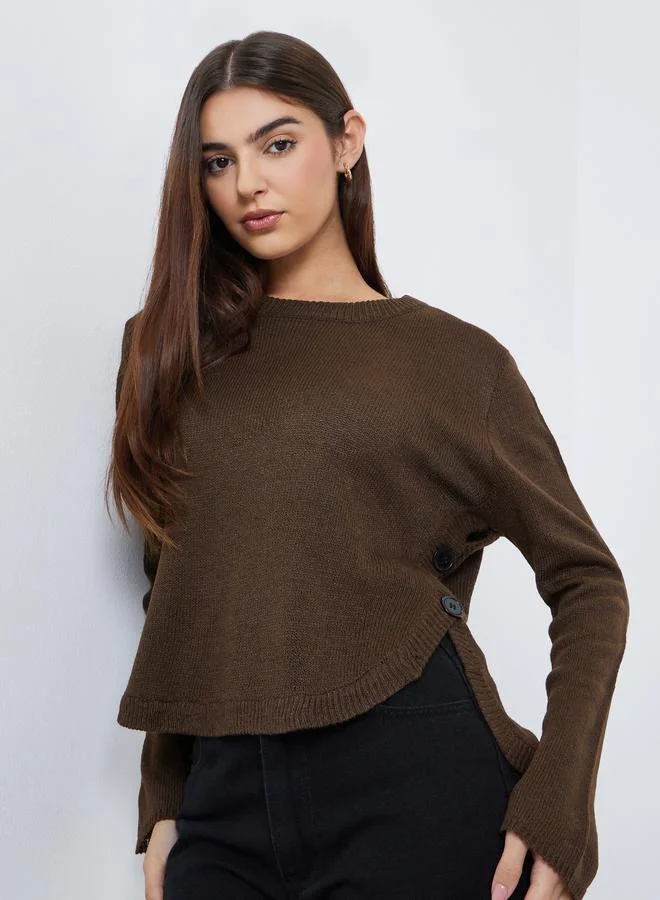 Styli Brown Button Detail Regular Fit Sweater