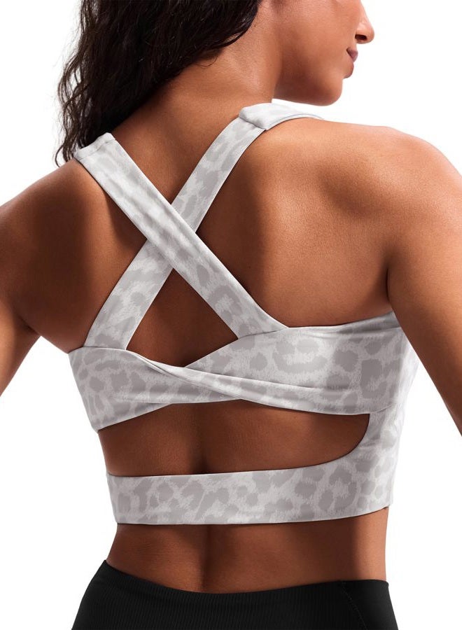JOYSPELS Sports Bras for Women Criss-Cross Back Padded Workout Tank Tops Medium Support Crop Tops for Women, Grey Leopard Printed, XS - Image 1
