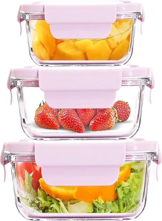 Trifecta Snap Locking Lids Glass Food Storage Containers Set Leak Proof Glass Meal Prep Containers Food Storage Containers with Lids Freezer Containers for Food Snap Locking Lids (Pink, Set of 3)