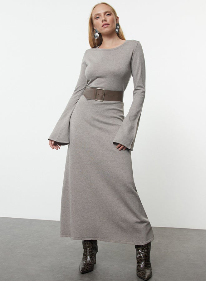 trendyol Mink Mercerized Look Premium/Special Yarn Midi Knitwear Belted Dress - Image 1
