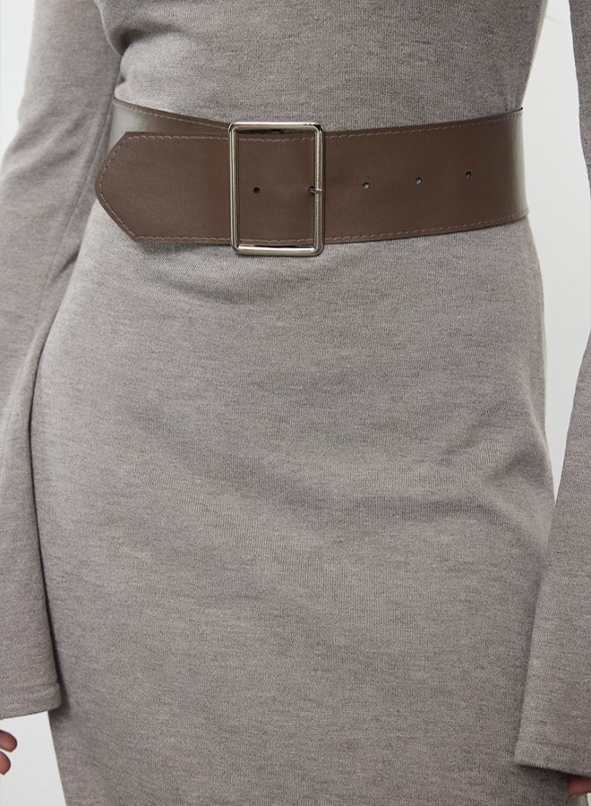 trendyol Mink Mercerized Look Premium/Special Yarn Midi Knitwear Belted Dress - Image 4