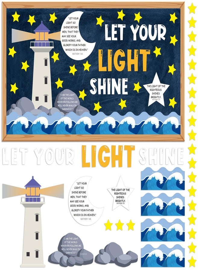 Mooliwe 88 Pcs Let Your Light Shine Bulletin Board Set Christian Religious Bulletin Board Decoration Bible Verse Lighthouse Cutouts Christian Classroom Decor for Church Sunday School Wall - Image 1