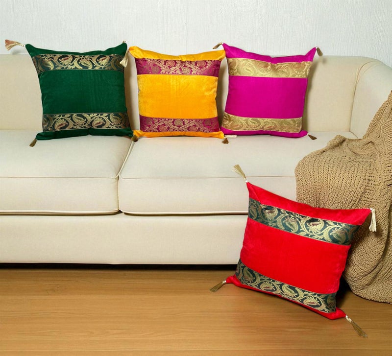 Third Eye Export Set of 4 Pcs Outdoor Christmas Pillow Covers 16x16 Indian Ethnic Silk Throw Pillow Covers for Patio Holiday Outdoor Home Decor Couch Cushion Covers Gift Set