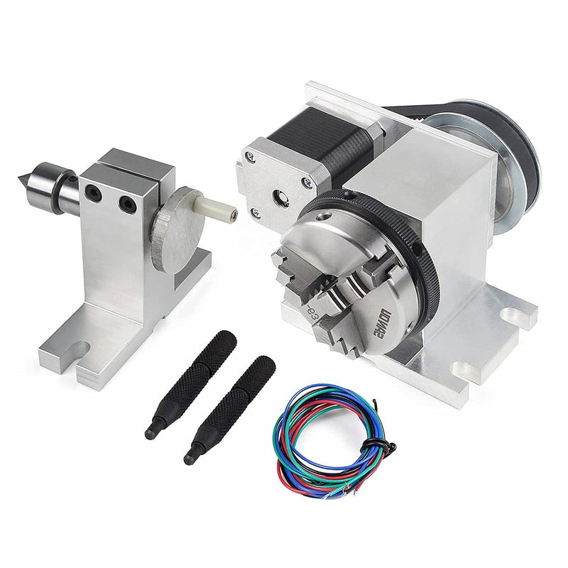 CNC Milling Machine Rotational Axis CNC Router Rotary Table Rotary a axis 4th Axis 65mm 3 Jaw Chuck Dividing Head w Nema17 stepper motor w 54mm Tailstock Reducing ratio 41 for CNC Engraving Machine