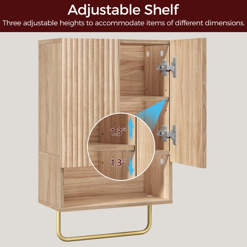 MAHANCRIS Bathroom Wall Cabinet, Wall Mounted Medicine Cabinets with Towel Bar & Adjustable Shelf, Over The Toilet Space Saver Storage Cabinet with 2 Doors, for Bathroom Laundry Room Kitchen, Natural - Image 5