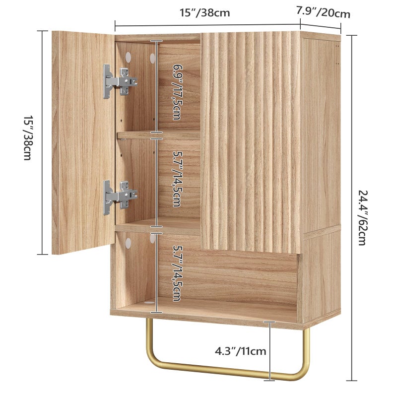 MAHANCRIS Bathroom Wall Cabinet, Wall Mounted Medicine Cabinets with Towel Bar & Adjustable Shelf, Over The Toilet Space Saver Storage Cabinet with 2 Doors, for Bathroom Laundry Room Kitchen, Natural - Image 4