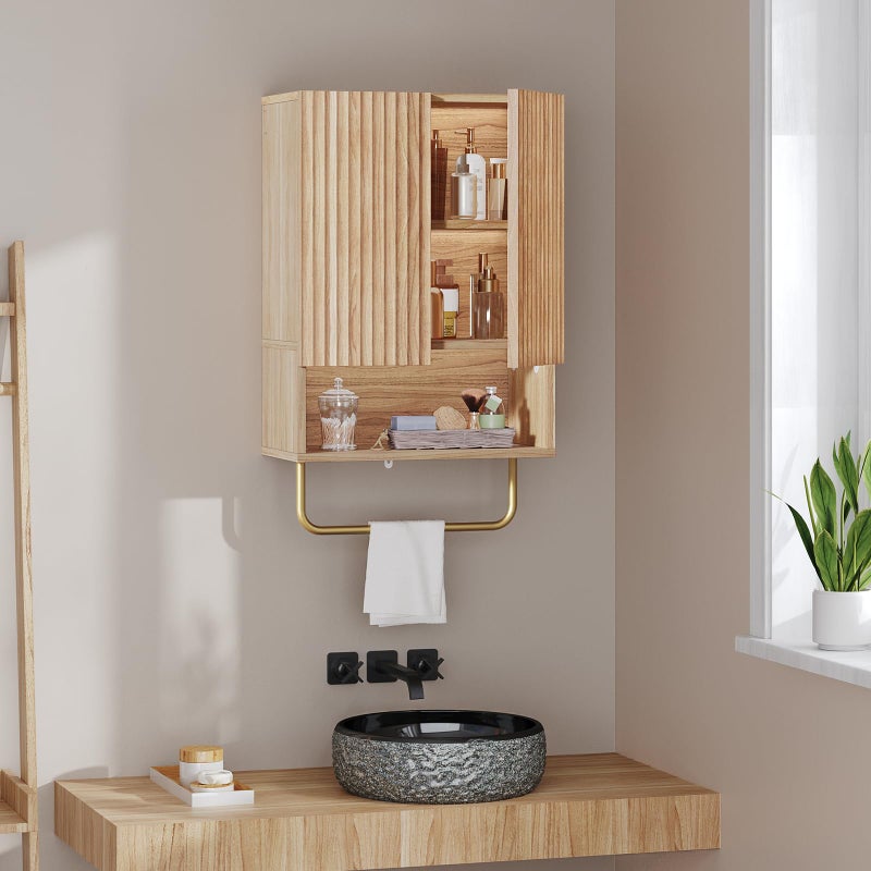 MAHANCRIS Bathroom Wall Cabinet, Wall Mounted Medicine Cabinets with Towel Bar & Adjustable Shelf, Over The Toilet Space Saver Storage Cabinet with 2 Doors, for Bathroom Laundry Room Kitchen, Natural - Image 2