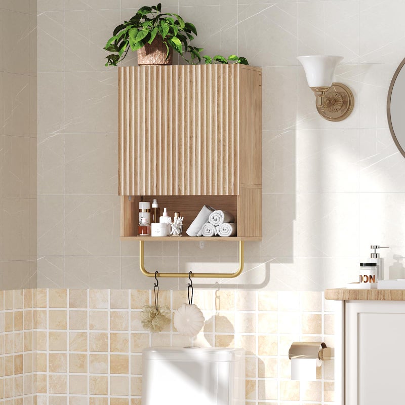 MAHANCRIS Bathroom Wall Cabinet, Wall Mounted Medicine Cabinets with Towel Bar & Adjustable Shelf, Over The Toilet Space Saver Storage Cabinet with 2 Doors, for Bathroom Laundry Room Kitchen, Natural - Image 1