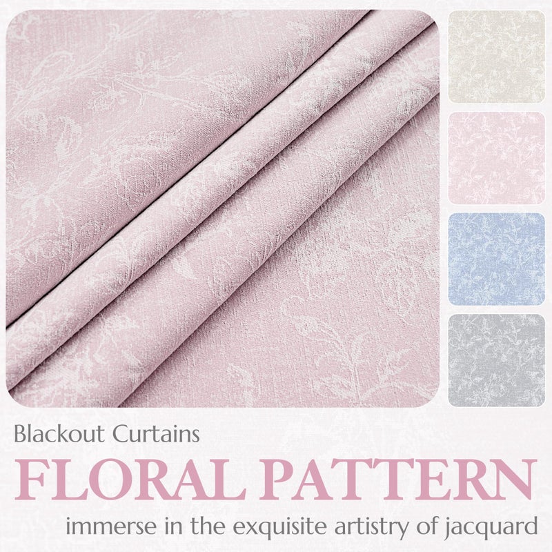 Xwincel Pink Nursery Curtains for Girls Room, Pink Floral Jacquard Blackout Curtains 63 Inch Length, Chenille Farmhouse Living Room Darkening Thermal Insulated Drapes, Grommet Window Curtains 2 Panels - Image 5