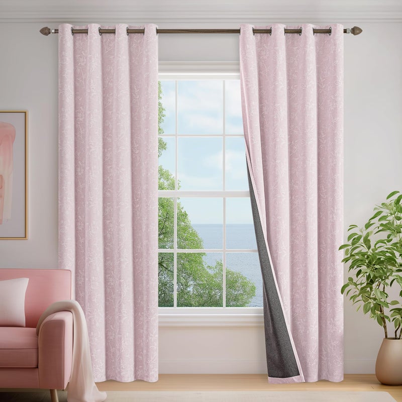 Xwincel Pink Nursery Curtains for Girls Room, Pink Floral Jacquard Blackout Curtains 63 Inch Length, Chenille Farmhouse Living Room Darkening Thermal Insulated Drapes, Grommet Window Curtains 2 Panels - Image 2