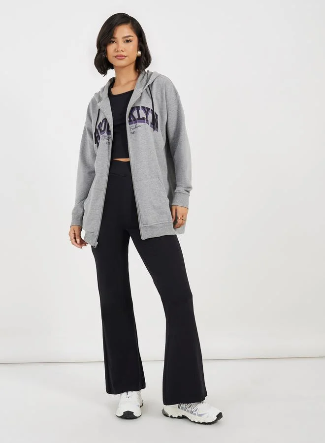 Styli Oversized Longline Zip Through Slogan Hoodie