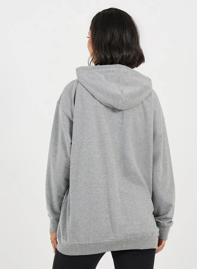 Styli Oversized Longline Zip Through Slogan Hoodie