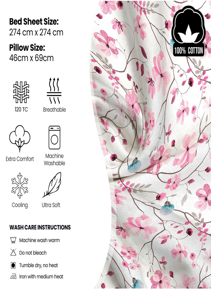 Raymond - Raymond Home King Flat Sheet Bedsheet 140 Thread Count Luxirious Mercerised 100% Long Staple Cotton Bedding Printed Percale Weave Finish Bed Linen with 2 Pillow Case -Spring (274 * 274 CM) - Image 1