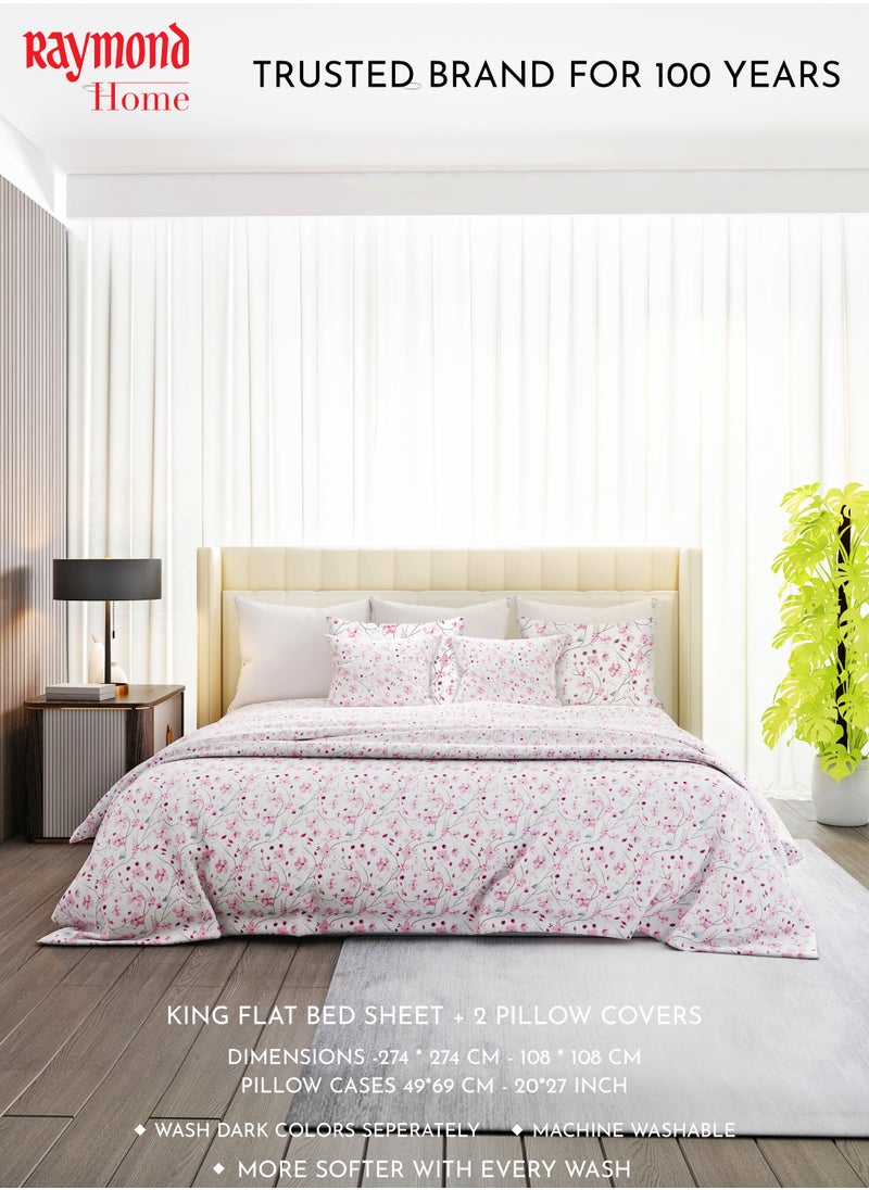 Raymond - Raymond Home King Flat Sheet Bedsheet 140 Thread Count Luxirious Mercerised 100% Long Staple Cotton Bedding Printed Percale Weave Finish Bed Linen with 2 Pillow Case -Spring (274 * 274 CM) - Image 1