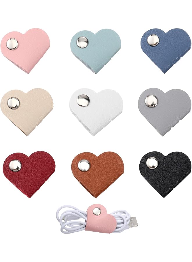 Green Tiger 9PCS Heart Cord Organizer, Portable PU Leather Headphone Cable Earbud Data Cord Protector Headphone Cable Straps Wire Organizer, Storage PU Leather Earphones Storage Straps for Electronics Earbu - Image 1