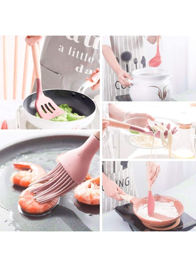 11PCS Silicone Kitchen Utensils Set with Wooden Handles, Non-Stick Heat Resistant Cooking Tools with Storage Holder, Complete Spatula Spoon Whisk Tongs Kit for Cooking Baking - Image 5