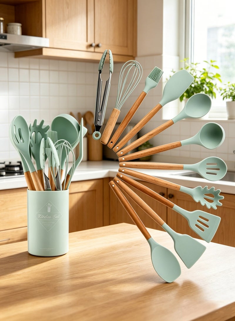 11PCS Silicone Kitchen Utensils Set with Wooden Handles, Non-Stick Heat Resistant Cooking Tools with Storage Holder, Complete Spatula Spoon Whisk Tongs Kit for Cooking Baking - Image 1