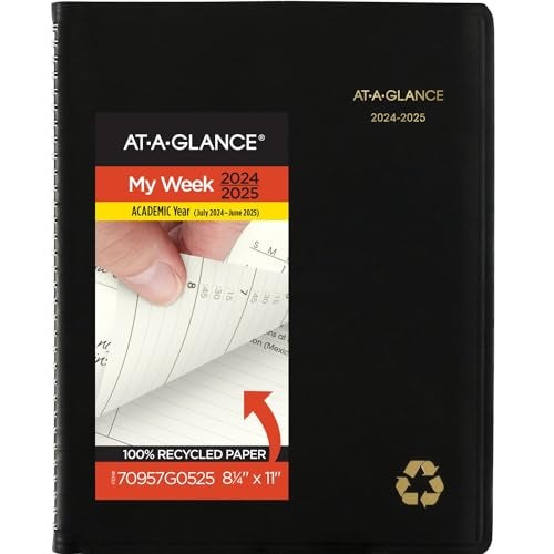 AT-A-GLANCE ATAGLANCE Planner 20242025 Academic Weekly Monthly QuarterHourly Appointment Book 814 x 11 Large Monthly Tabs Flexible Cover Recycled Black 70957G05