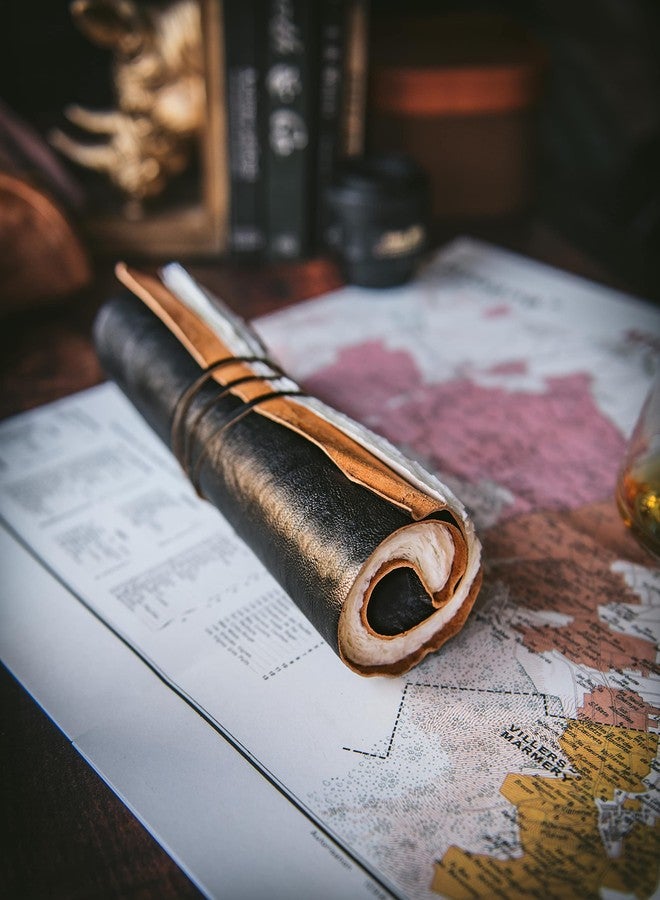 Modest Goods Handmade Leather Scroll Journal - 100 Pages Vintage Style Unlined Deckle Edge Rustic Paper - 9x6 Book of Shadows, Grimoire, Fantasy Medieval Gifts, Sketchbook, Antique Scrapbook (Black w/White Paper) - Image 2