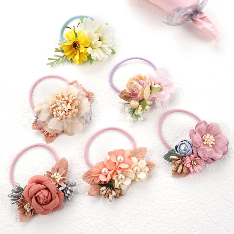 BBgifts 6 Pack Floral Hair Bows Ties Elastic Hair Bands Ponytail Holders Faux Pearls Floral Hair Ties Hair Accessories for Women Girls Toddlers Kids Children - Image 4