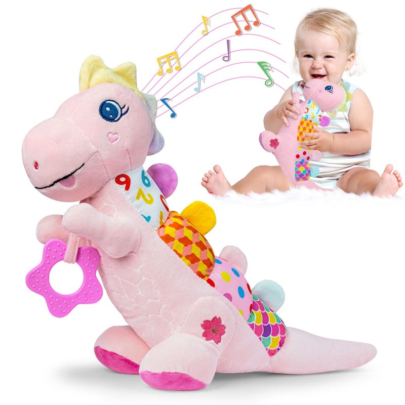 Ryotagift Baby Dino Musical Stuffed Animal Toys for 036912 MonthsInfant Dinosaur Tummy Time Toys with Crinkle Sound PaperTeetherTextures Rattles for Newborn Boys Girls Birthday GiftsPink - Image 2