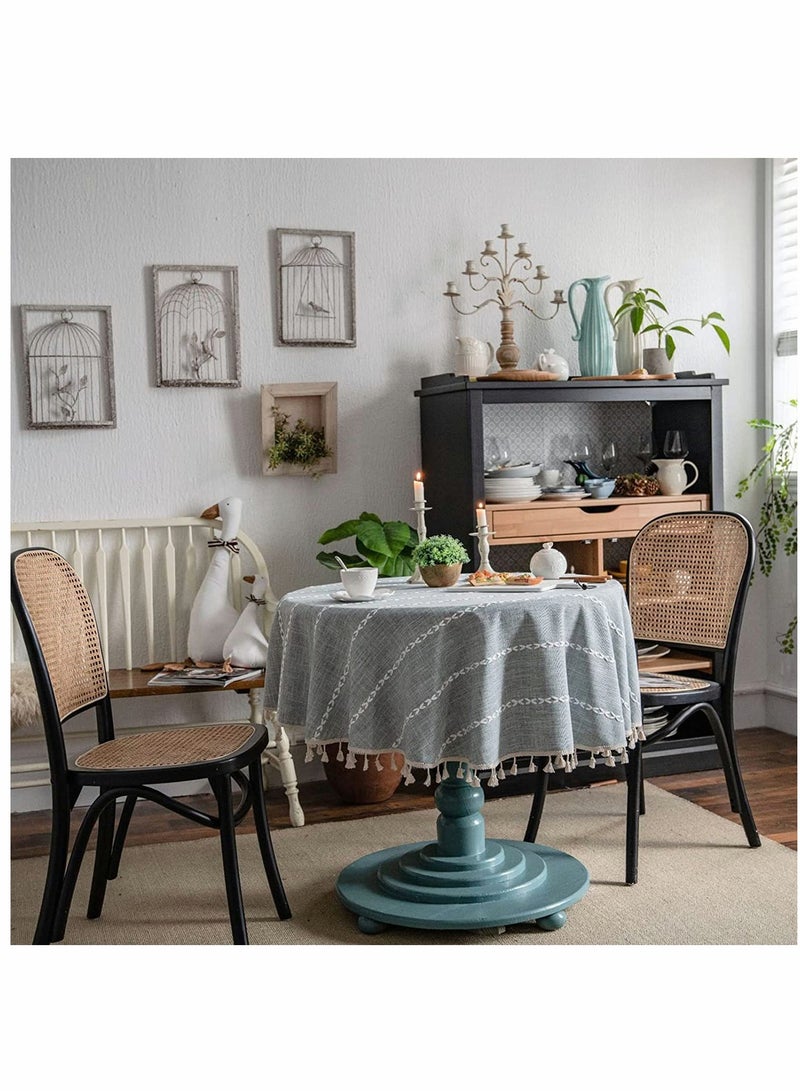 KASTWAVE أغطية الطاولات، دائرية ريفية، قطن كتان مخطط من منزل المزرعة، مع غطاء طاولة ثقيل ذو قلوب، لتزيين طاولة الطعام في المطبخ (رمادي، دائري 60 بوصة) - Image 2
