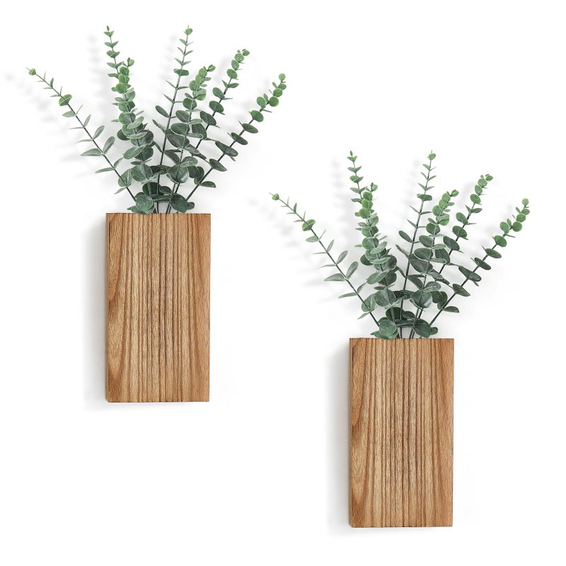 Dahey 2 Pack Wood Wall Planter Vase with Artificial Eucalyptus Farmhouse Wall Hanging Decor Pocket Planter for Indoor Fake Plants Greenery Flowers, livingroom Bedroom Kitchen Home Office Decoration - Image 1