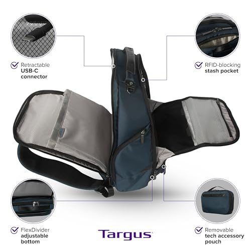 Targus HeritageLuxe Backpack 15-16” – Blue Laptop Bag with SafeSling Protection, RFID Pocket, USB-C Charging, Tracker Slot, Eco Fabric, Leather Accents - TBB65602GL - Image 5