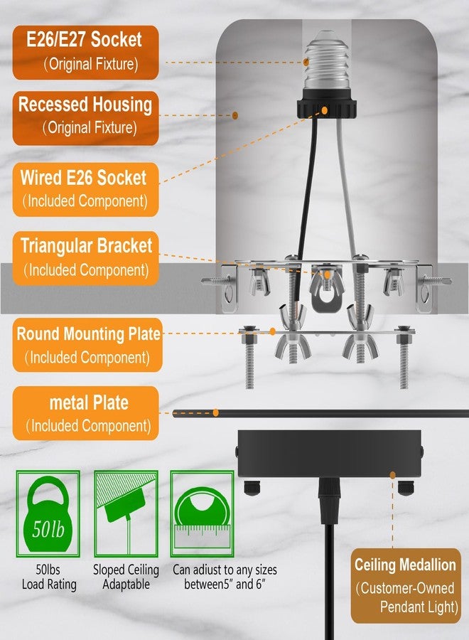 YIIZON R5 and 6 Recessed Can Light Conversion Kit, Fixture Upgrade, Pendant & Hanging Light, Ceiling Fan Compatible, 7¾ Inch Flat Steel Ceiling Medallion, Black Finish - Image 5