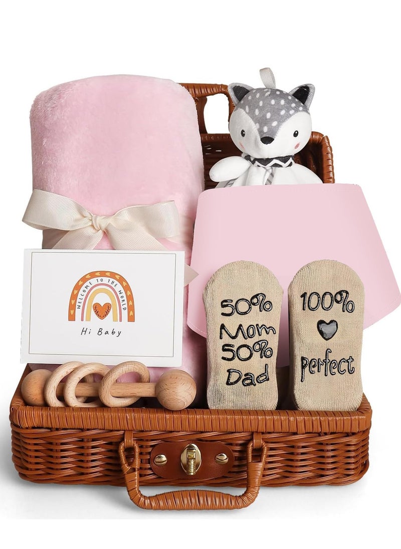 MIXDE Baby Shower Gifts, New Born Baby Gifts for Boys, Unique Baby Gifts Basket Essential Stuff - Baby Lovey Blanket Newborn Bibs Socks Wooden Rattle & Greeting Card, Newborn Baby Gift Set  - Image 1