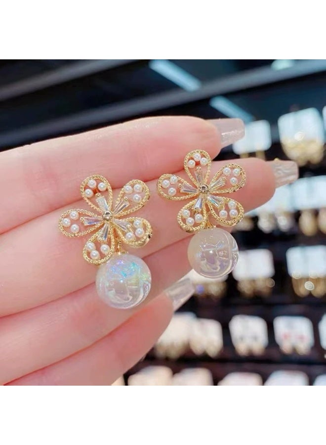 Goolsky أقراط زهور اللؤلؤ من الفضة الإسترلينية 925 - تصميم كوري لطيف وجميل، أقراط عصرية للخريف والشتاء - Image 3