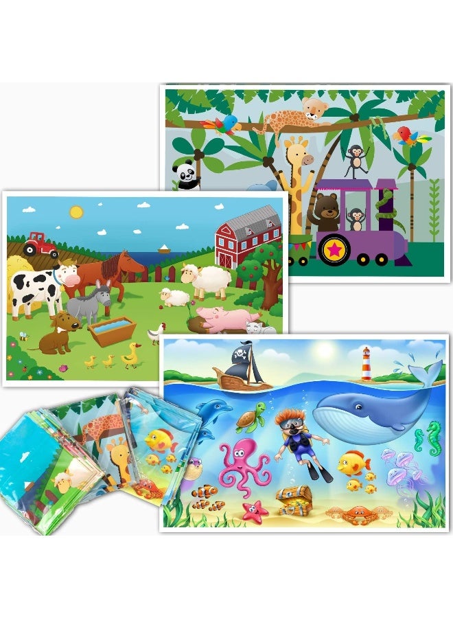 HomeWorthy Klean Kids Disposable Placemats for Baby and Kid's Table - Farm, Sea Life, Zoo Train Animals - Sticky Topper - 60 Pack in 3 Designs - Image 1