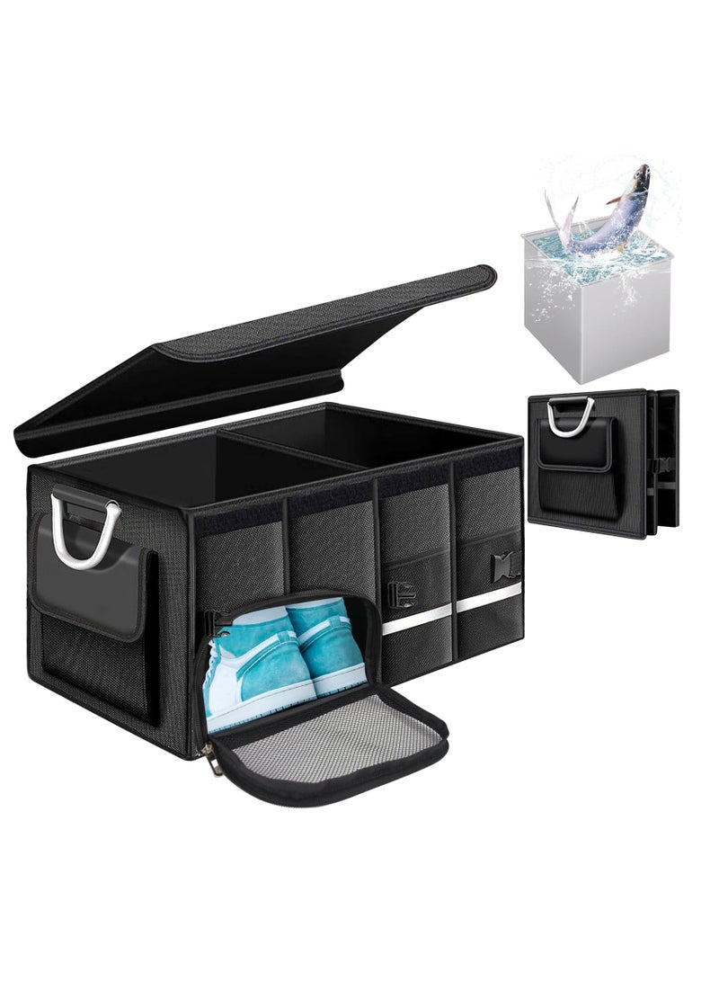 سيوسي منظم تخزين صندوق السيارة مع غطاء، صندوق تخزين السيارة بسعة 72 لتر، قاعدة غير قابلة للانزلاق، مقاوم للماء، مقاوم للغبار، جيب شبكي متين قابل للطي لسيارة سيدان أو سيارات الدفع الرباعي (أسود) - Image 1