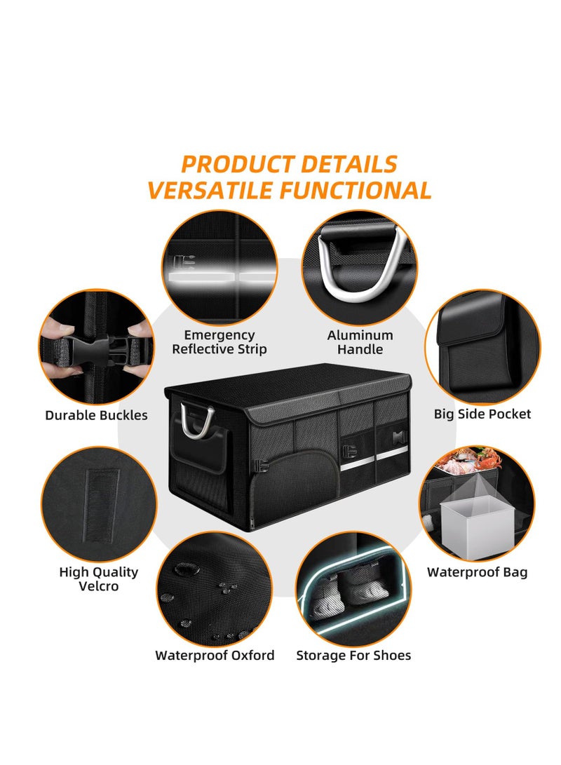 سيوسي منظم تخزين صندوق السيارة مع غطاء، صندوق تخزين السيارة بسعة 72 لتر، قاعدة غير قابلة للانزلاق، مقاوم للماء، مقاوم للغبار، جيب شبكي متين قابل للطي لسيارة سيدان أو سيارات الدفع الرباعي (أسود) - Image 4