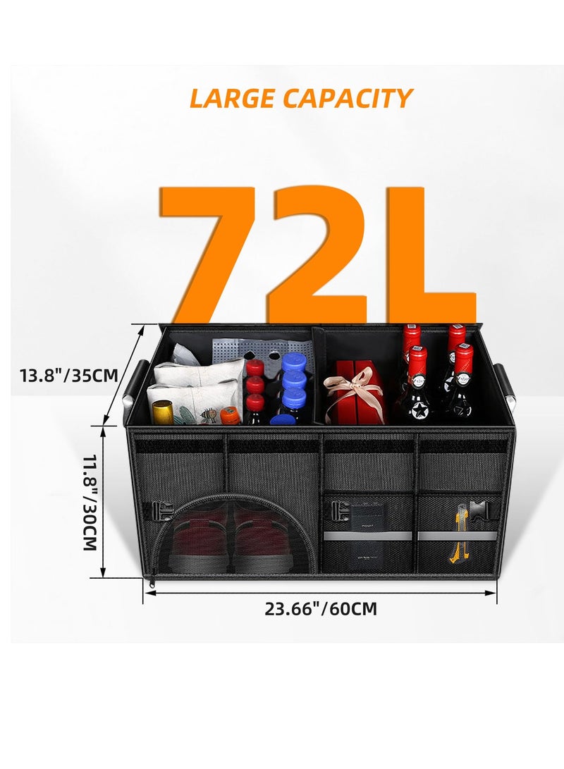 سيوسي منظم تخزين صندوق السيارة مع غطاء، صندوق تخزين السيارة بسعة 72 لتر، قاعدة غير قابلة للانزلاق، مقاوم للماء، مقاوم للغبار، جيب شبكي متين قابل للطي لسيارة سيدان أو سيارات الدفع الرباعي (أسود) - Image 5