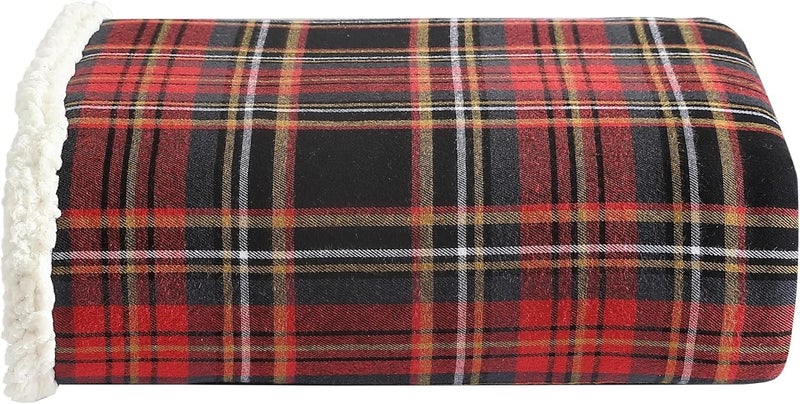 Eddie Bauer - Throw Blanket, Cotton Flannel Home Decor, All Season Reversible Sherpa Bedding (Mountain Tartan Red, Throw) - Image 1