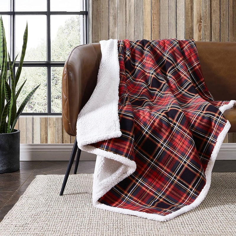 Eddie Bauer - Throw Blanket, Cotton Flannel Home Decor, All Season Reversible Sherpa Bedding (Mountain Tartan Red, Throw) - Image 2