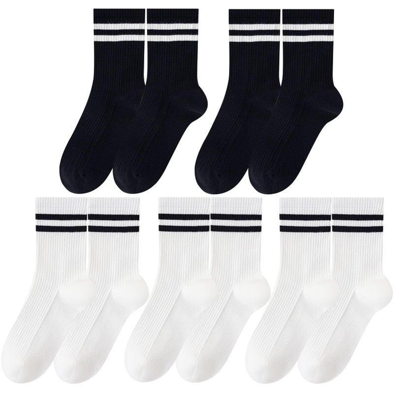 SailingTailor Solid Color Two Stripe Crew Socks Retro Cute Sports Running Casual Athletic School Sneaker Quarter Striped Socks for Women Girls - Image 1