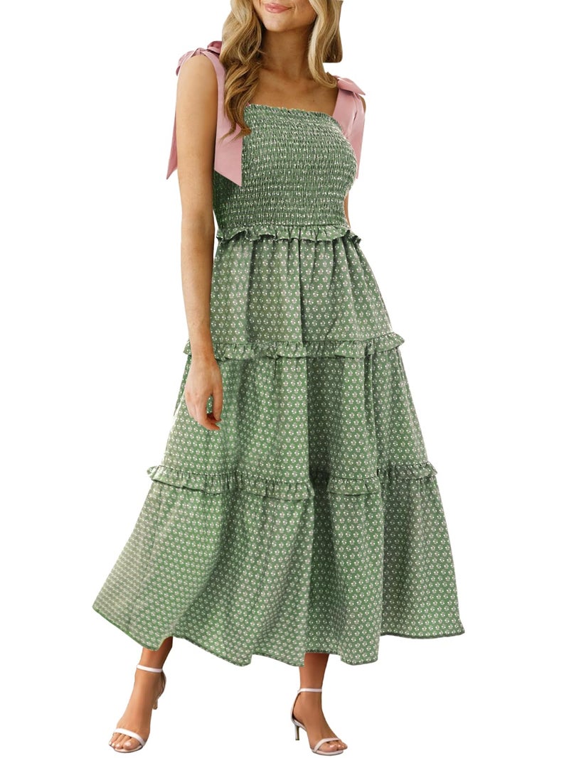 Wenrine Womens Summer Floral Maxi Dress Smocked Tie Shoulder Boho Sleeveless Ruffle Tiered Casual Beach Dresses Green - Image 1