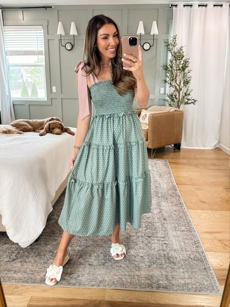 Wenrine Womens Summer Floral Maxi Dress Smocked Tie Shoulder Boho Sleeveless Ruffle Tiered Casual Beach Dresses Green - Image 2