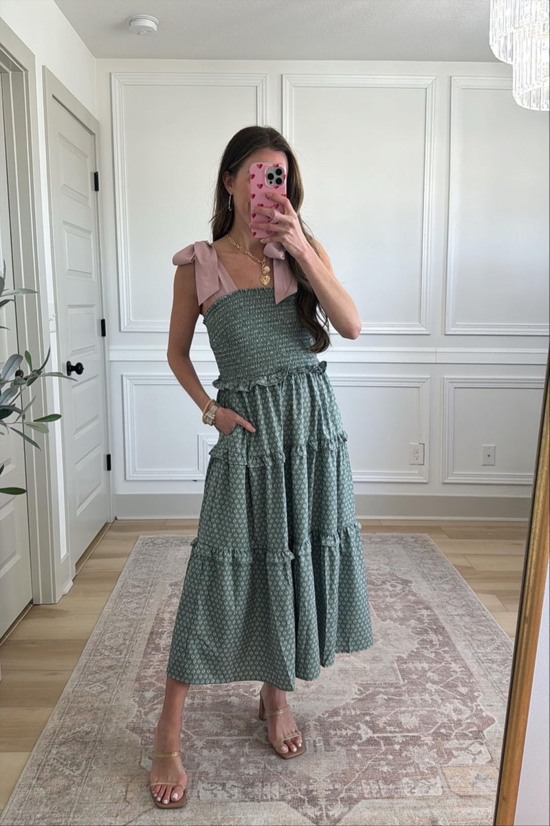Wenrine Womens Summer Floral Maxi Dress Smocked Tie Shoulder Boho Sleeveless Ruffle Tiered Casual Beach Dresses Green - Image 4